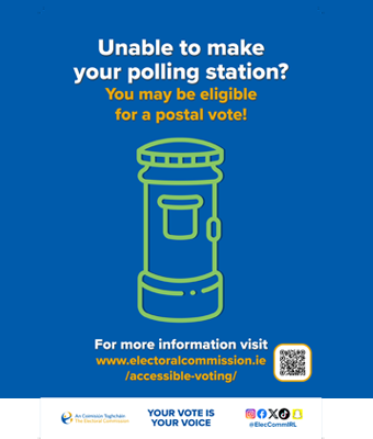 Poster with blue background with image of green post box. Text on poster says: