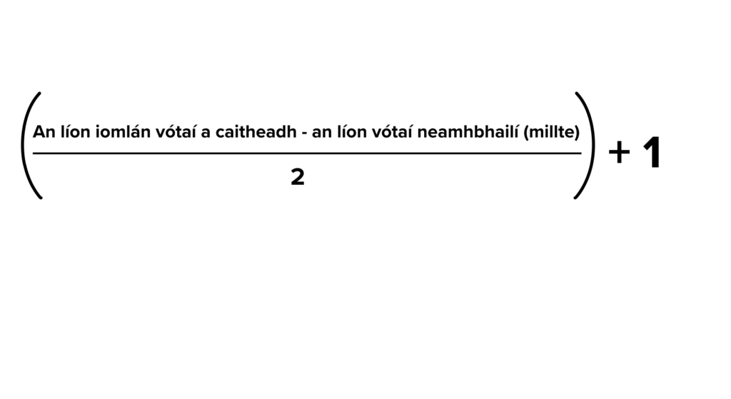 Ríomhfar an cuóta do thoghchán an Uachtaráin tríd an líon vótaí neamhbhailí (millte) a dhealú ón líon iomlán vótaí a caitheadh, an freagra a roinnt ar 2 toisc gur post amháin atá le líonadh (an tUachtarán) agus 1 a shuimiú leis sin.